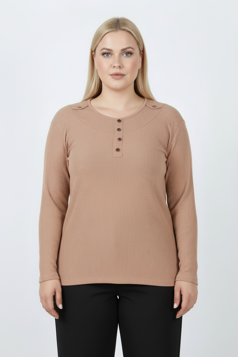 Refina Büyük Beden Önü Ve Yaka Düğmeli Bluz Bej