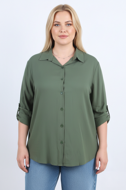 Serene Büyük Beden Kol Katlamalı Gömlek Haki