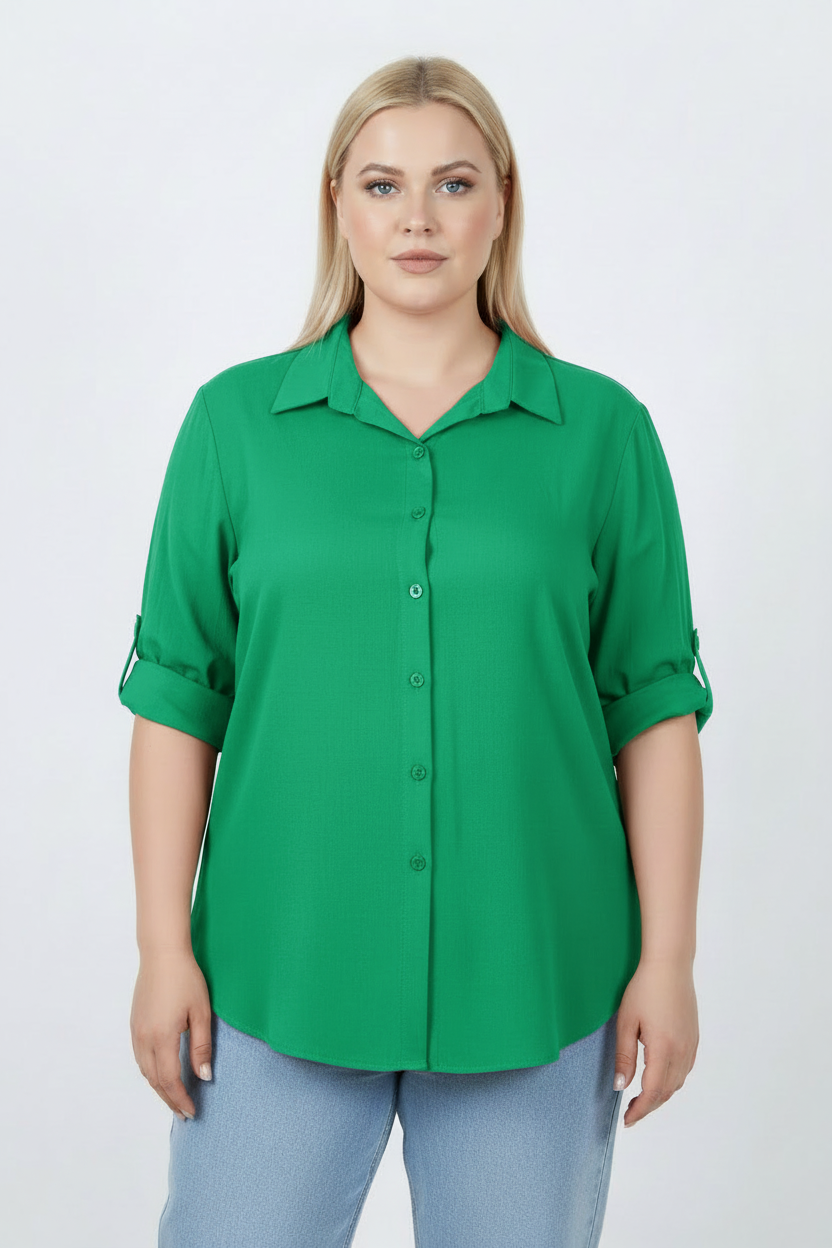 Serene Büyük Beden Kol Katlamalı Gömlek Yeşil