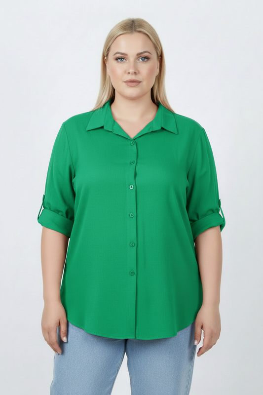 Serene Büyük Beden Kol Katlamalı Gömlek Yeşil