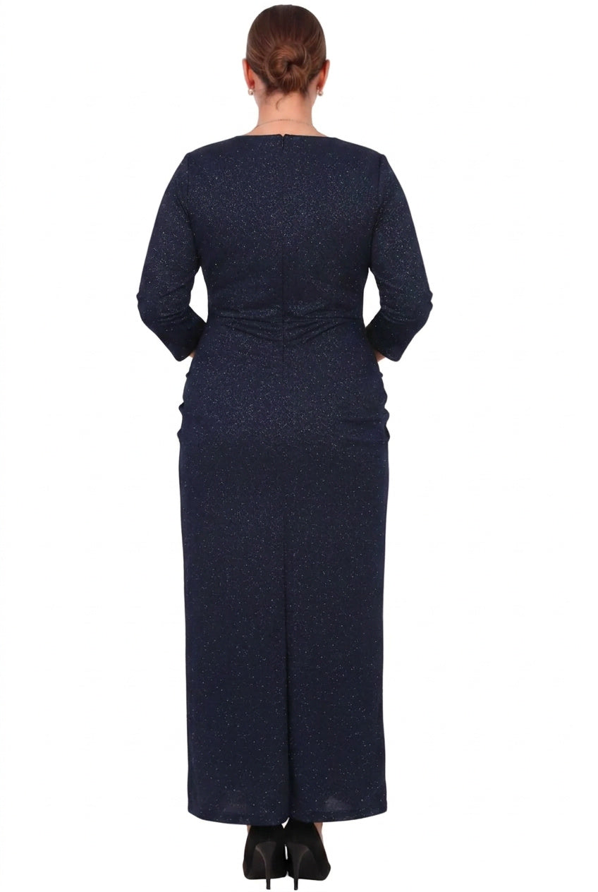 Büyük Beden Beli Aksesuarlı Uzun Abiye  Lacivert
