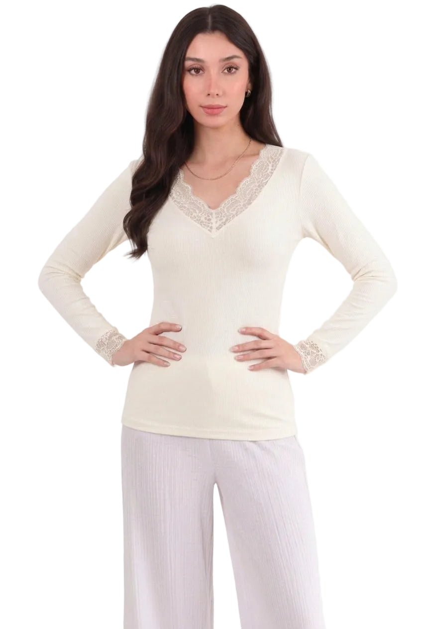 Kadın Dantel Detay V Yaka Bluz  Ekru