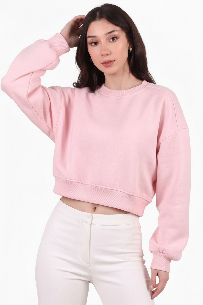 Kadın Üç İplik Bisiklet Yaka Kısa Sweat  Pembe