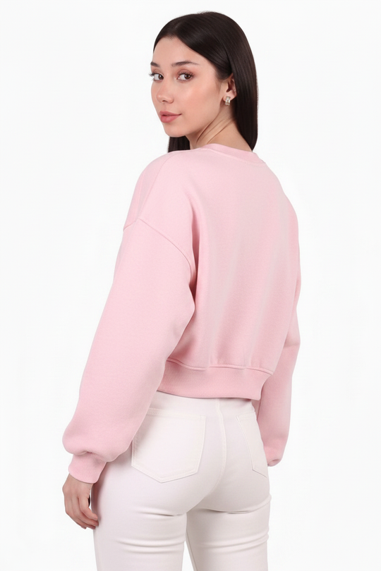 Kadın Üç İplik Bisiklet Yaka Kısa Sweat  Pembe