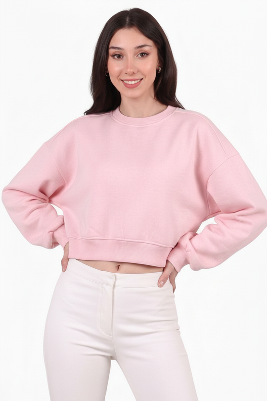 Kadın Üç İplik Bisiklet Yaka Kısa Sweat  Pembe