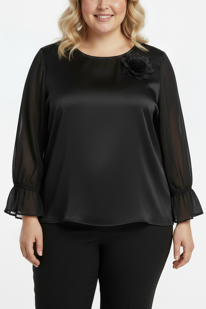 Delicate Büyük Beden Yaka Çiçek Bluz Siyah