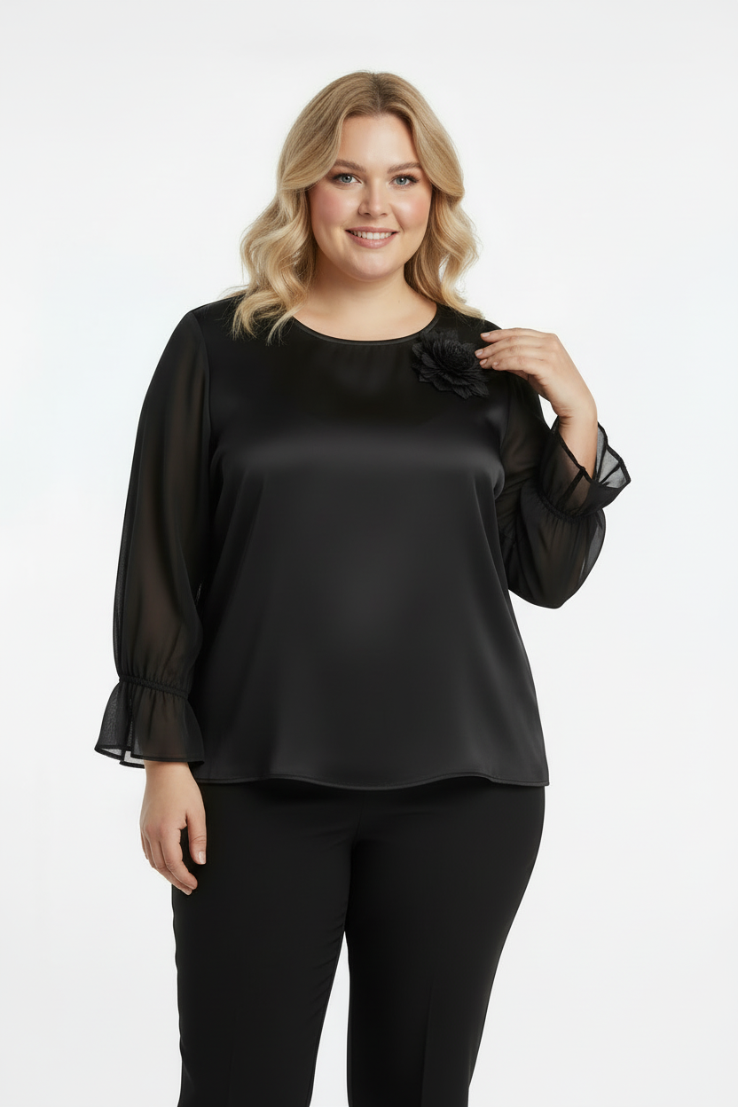 Delicate Büyük Beden Yaka Çiçek Bluz Siyah
