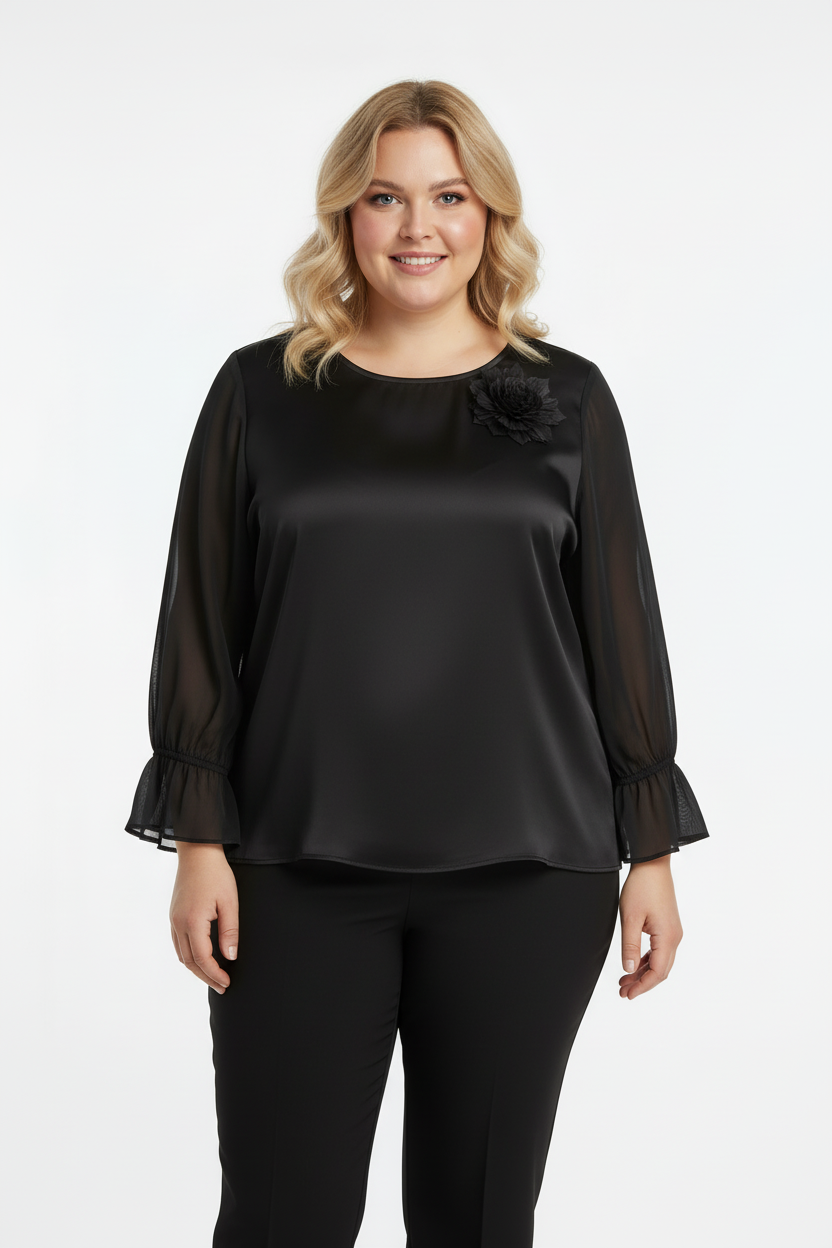 Delicate Büyük Beden Yaka Çiçek Bluz Siyah