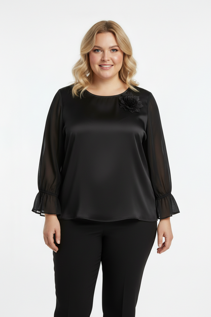 Delicate Büyük Beden Yaka Çiçek Bluz Siyah