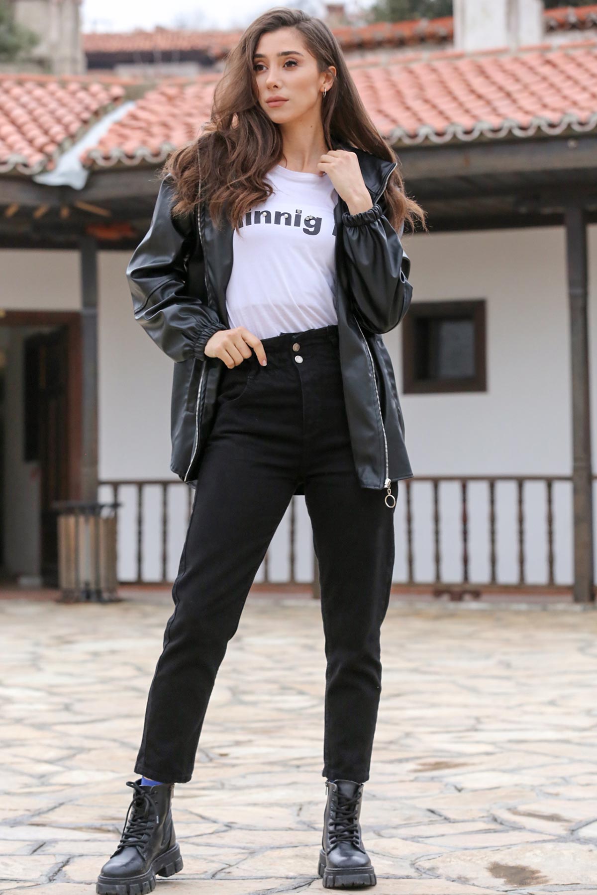 Kadın Mom Jeans Kot Pantolon Siyah