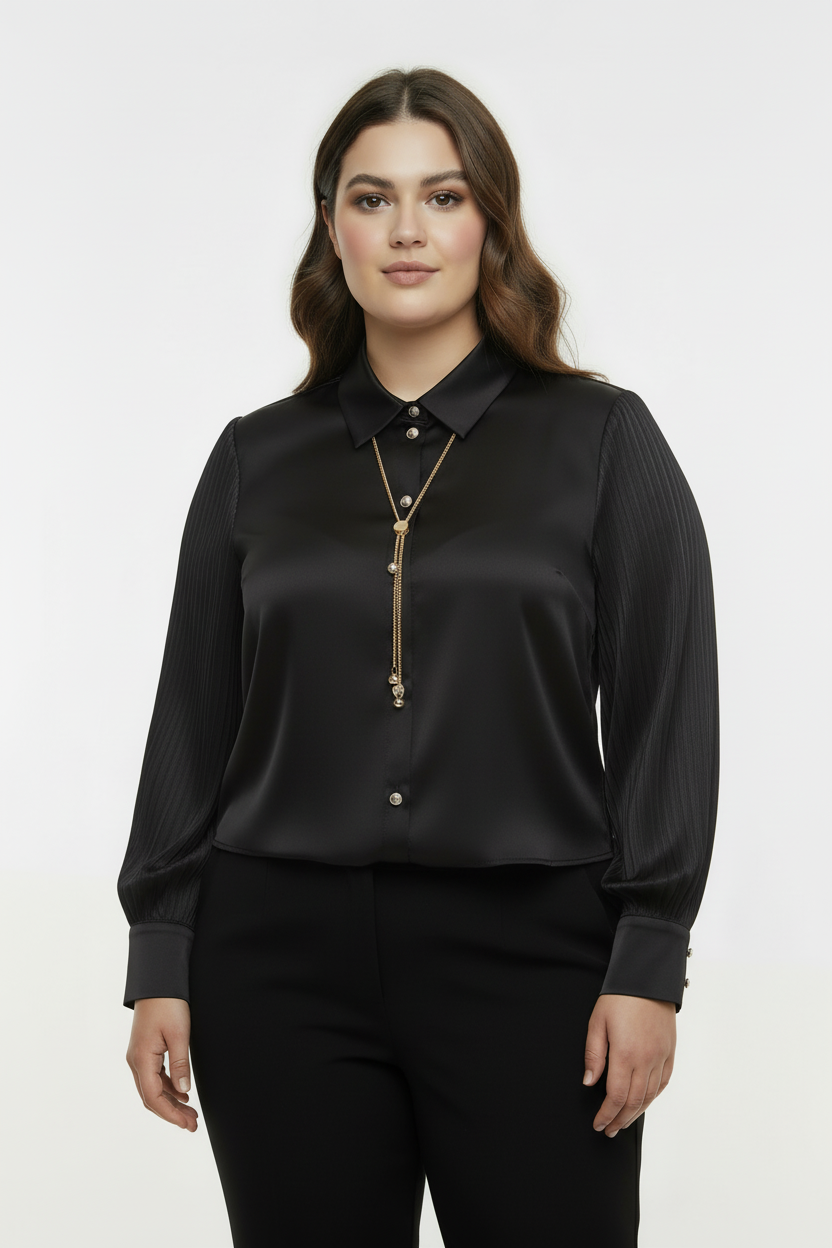 Opulent Büyük Beden Kristal Düğmeli Kolyeli Pileli Manşet Siyah Saten Gömlek