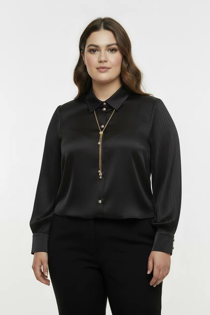 Opulent Büyük Beden Kristal Düğmeli Kolyeli Pileli Manşet Siyah Saten Gömlek