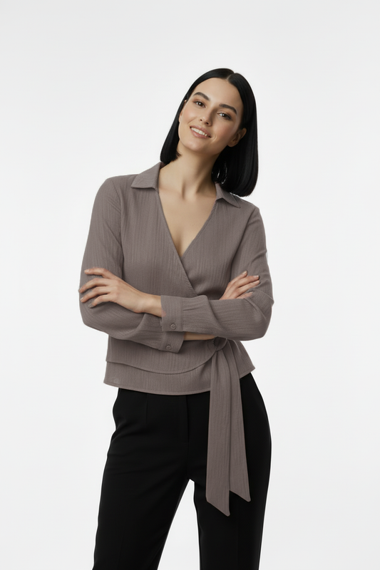 WRAP Kadın Müslim Tencel Kumaş Detaylı Bluz Vizon