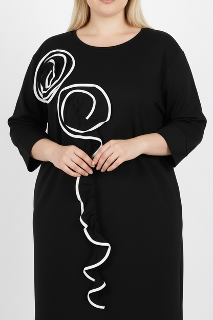 Cascade Büyük Beden Ön Fırfır Detay Elbise Siyah