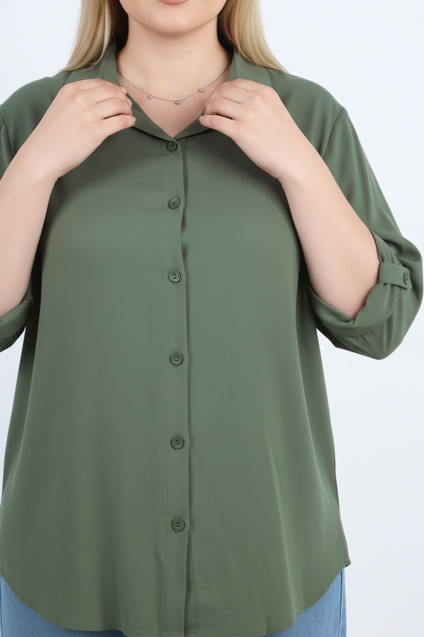 Serene Büyük Beden Kol Katlamalı Gömlek Haki