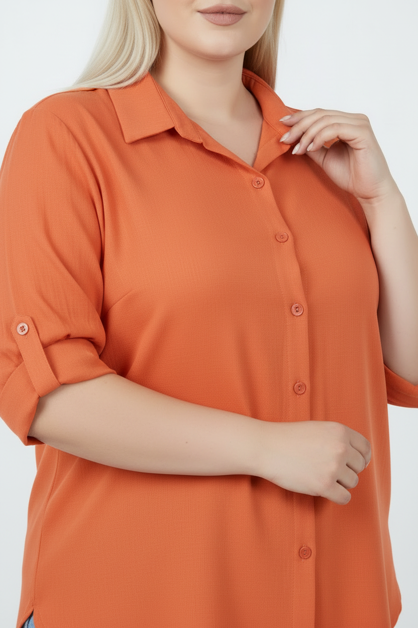 Serene Büyük Beden Kol Katlamalı Gömlek Turuncu