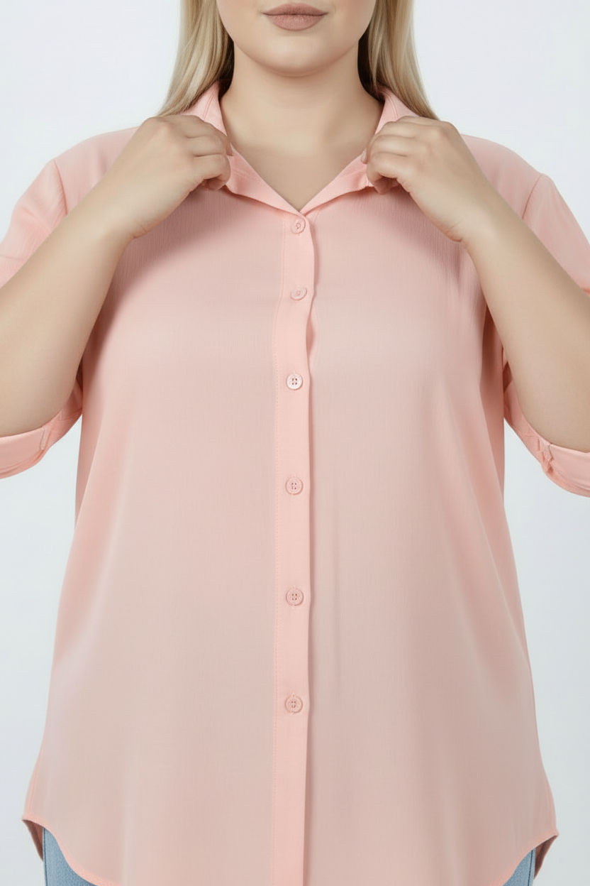 Serene Büyük Beden Kol Katlamalı Gömlek Pudra