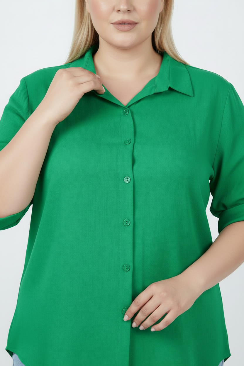 Serene Büyük Beden Kol Katlamalı Gömlek Yeşil
