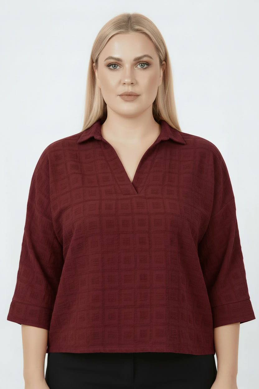 Büyük Beden Jakar Yakalı Bluz  Bordo