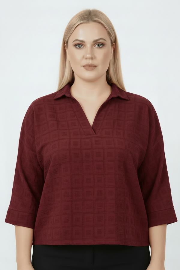 Büyük Beden Jakar Yakalı Bluz  Bordo