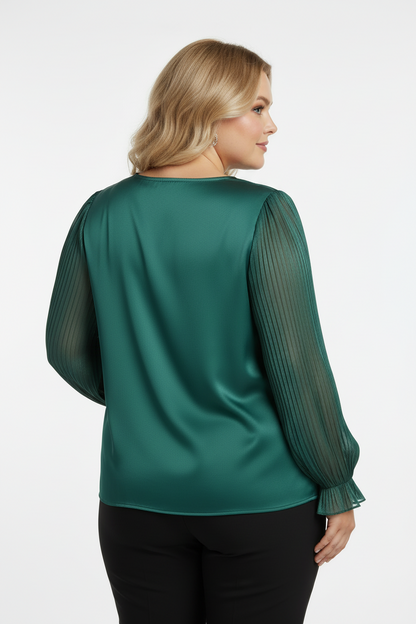 Büyük Beden Yaka Çiçek Bluz Zümrüt