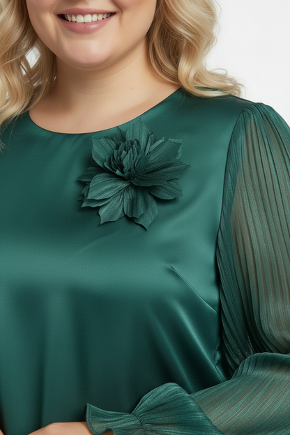 Büyük Beden Yaka Çiçek Bluz Zümrüt
