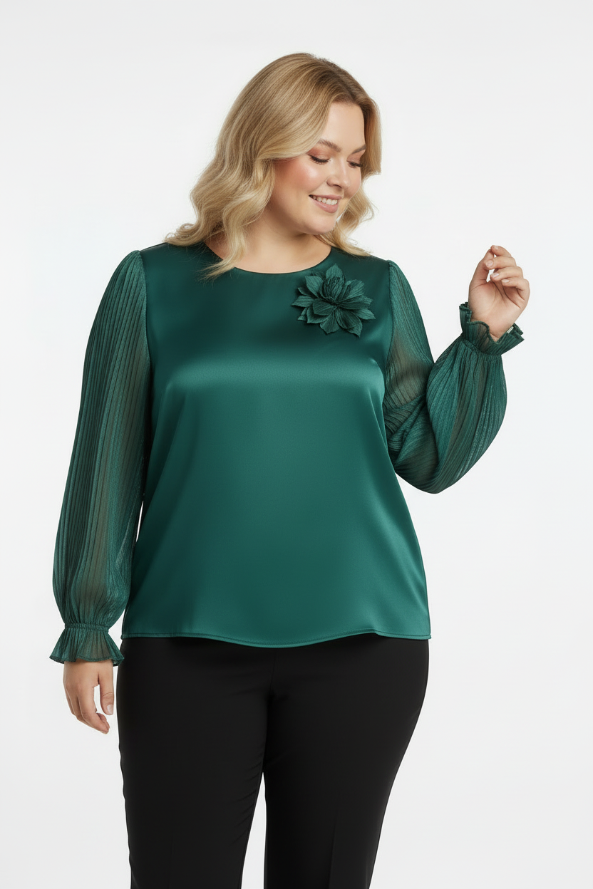 Büyük Beden Yaka Çiçek Bluz Zümrüt