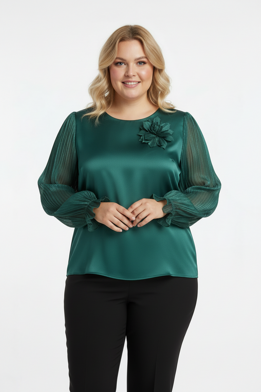 Büyük Beden Yaka Çiçek Bluz Zümrüt