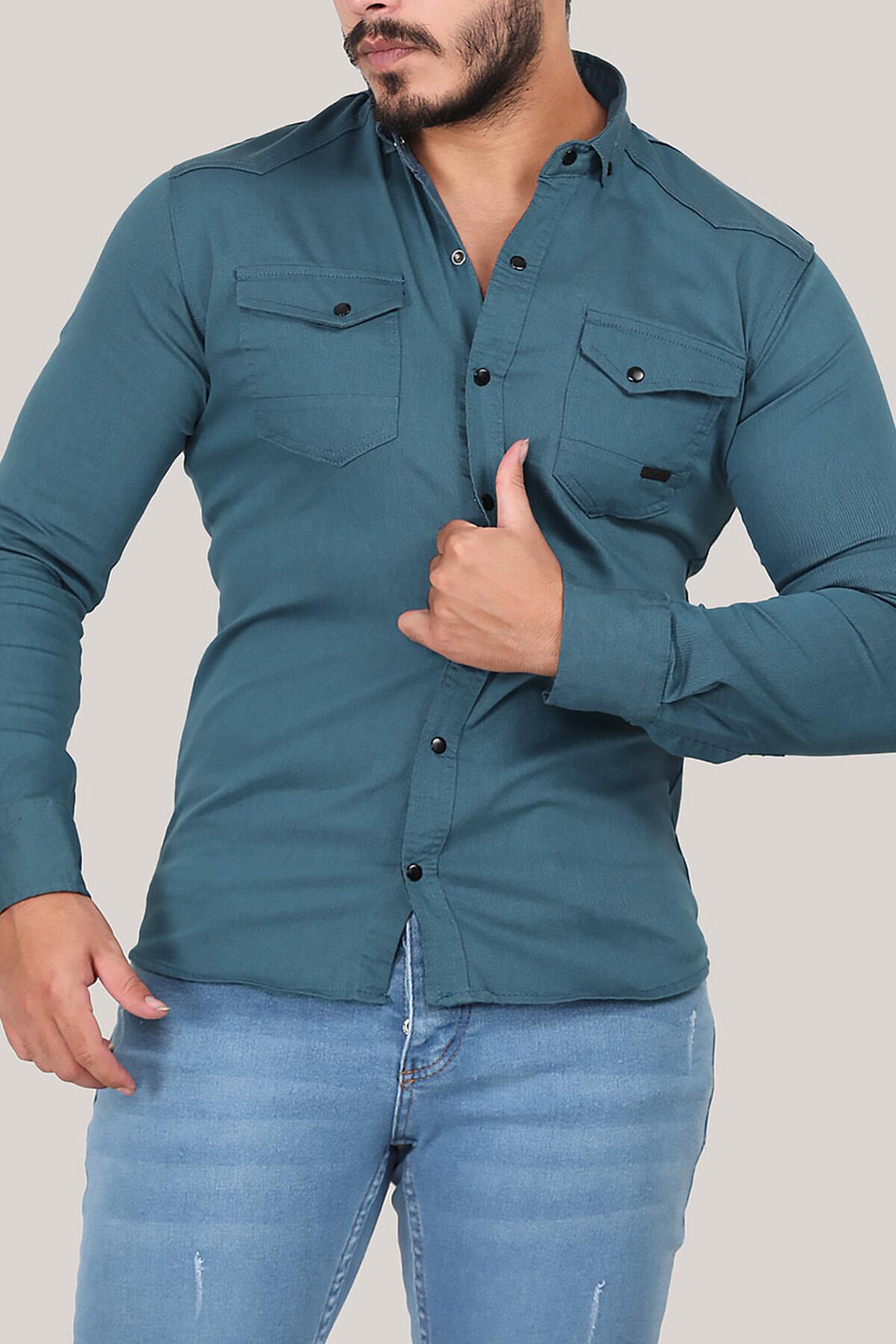 Erkek Uzun Kol Cepli Gömlek Petrol Petrol Yeşili | Patırtı