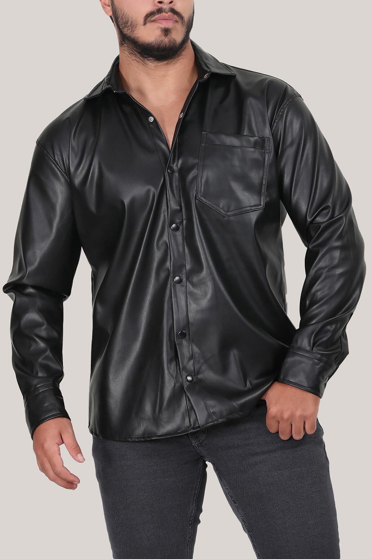 Erkek Deri Gömlek Erkek Çıt Çıt Düğmeli Deri Gömlek Siyah | Patırtı