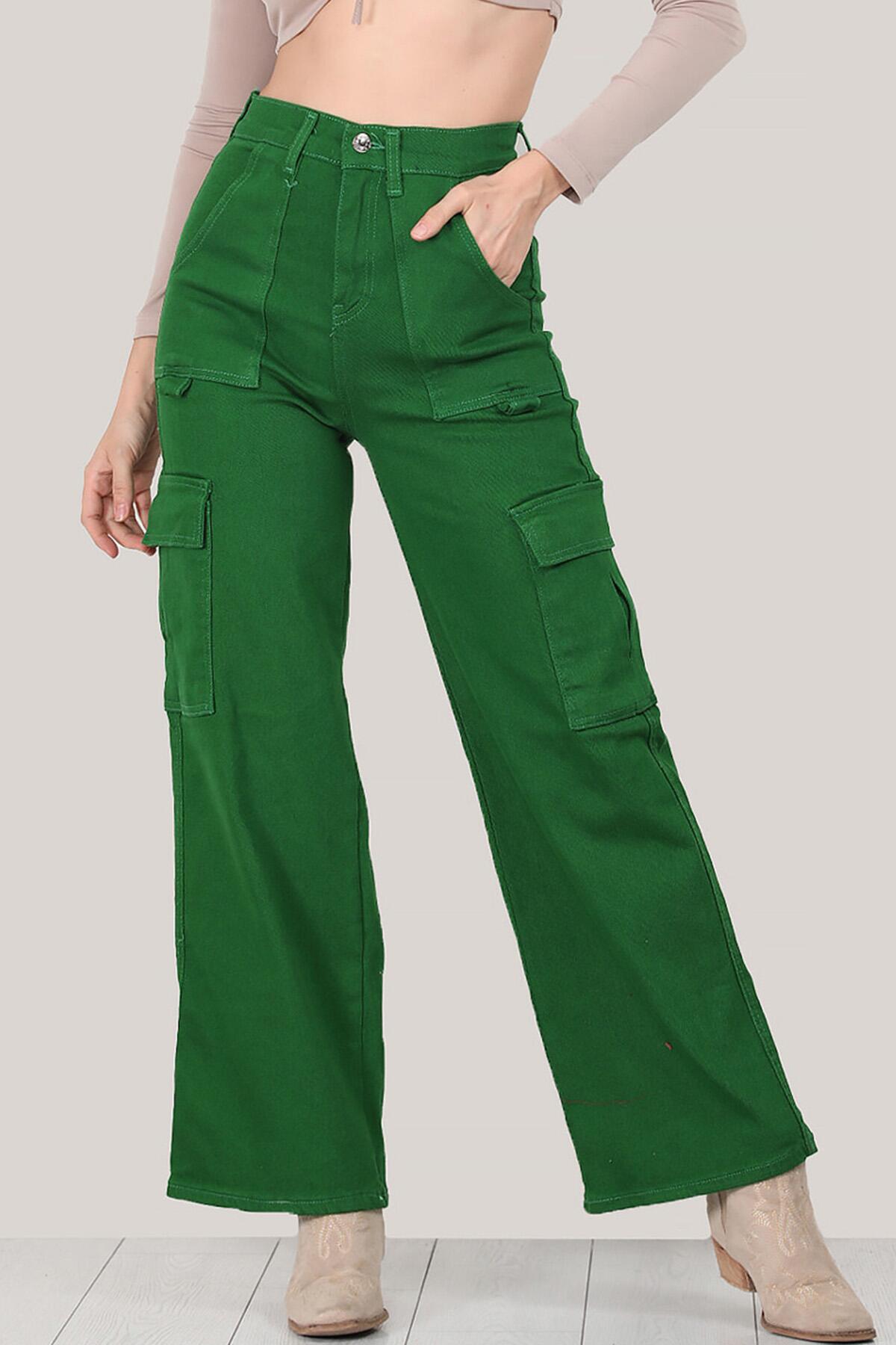Kadın Kargo Bol Paça Pantolon Yeşil | Patırtı
