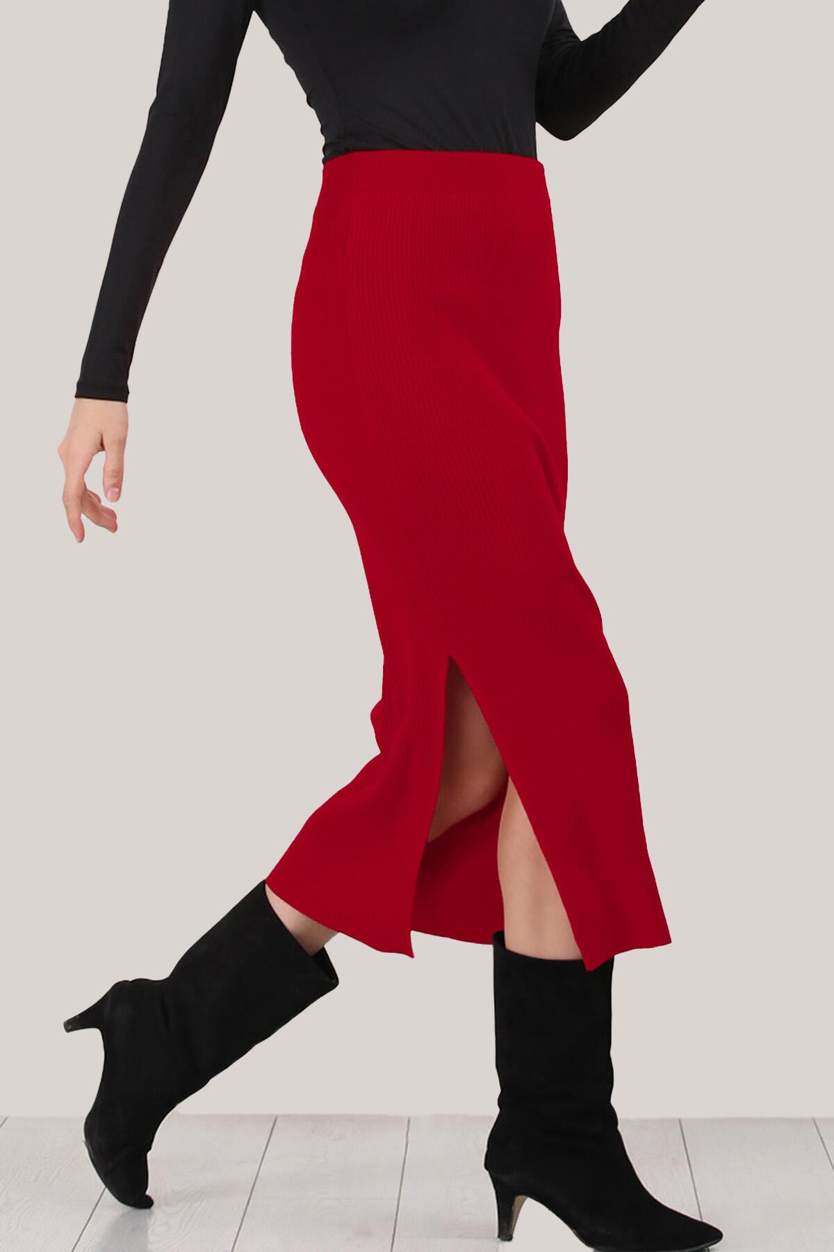 Kadın Yırtmaçlı Uzun Triko Etek Kırmızı | Patırtı