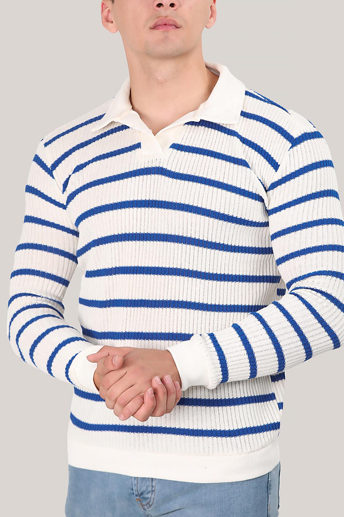 Erkek Gömlek Yaka Uzun Kollu Triko Kazak Mavi | Patırtı