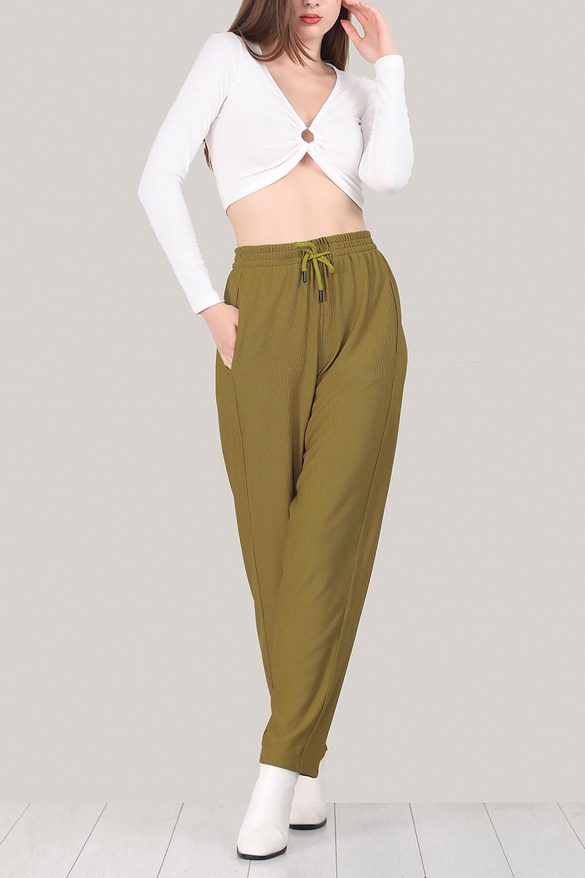 Kadın Fitilli Geniş Şalvar Pantolon Yeşil | Patırtı