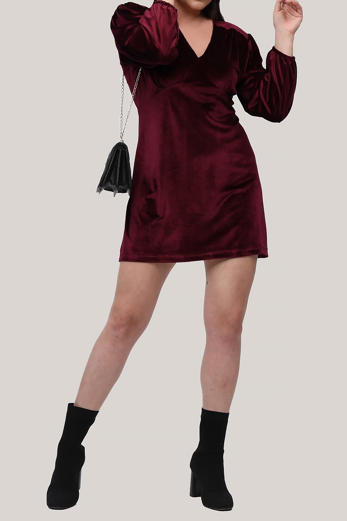 Büyük Beden Kadife Mini Elbise Bordo | Patırtı
