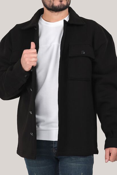 Erkek Gömlek Yaka Düğmeli İçi Polar Ceket Siyah | Patırtı