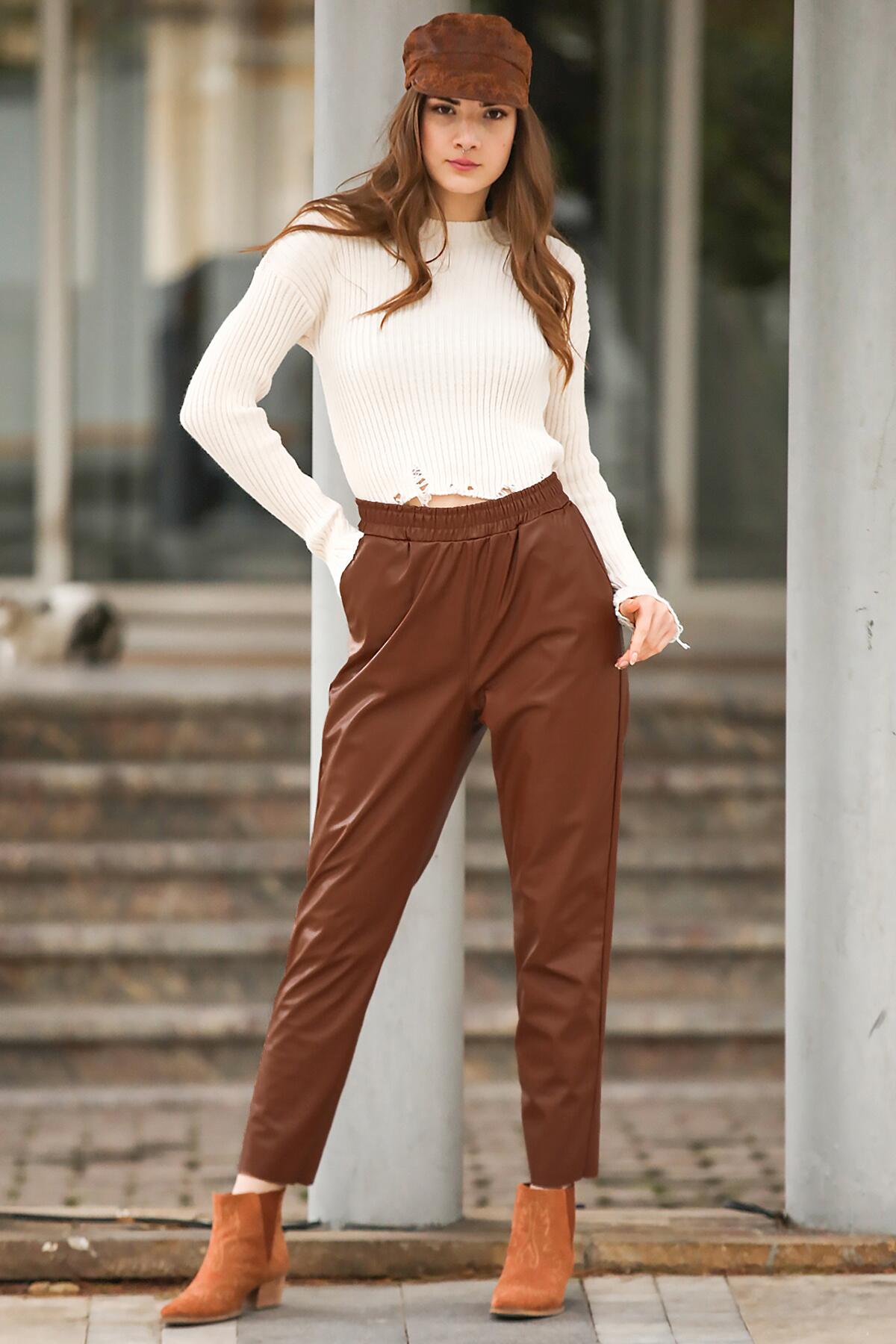Kadın Bel Lastikli Deri Pantolon Kahverengi | Patırtı