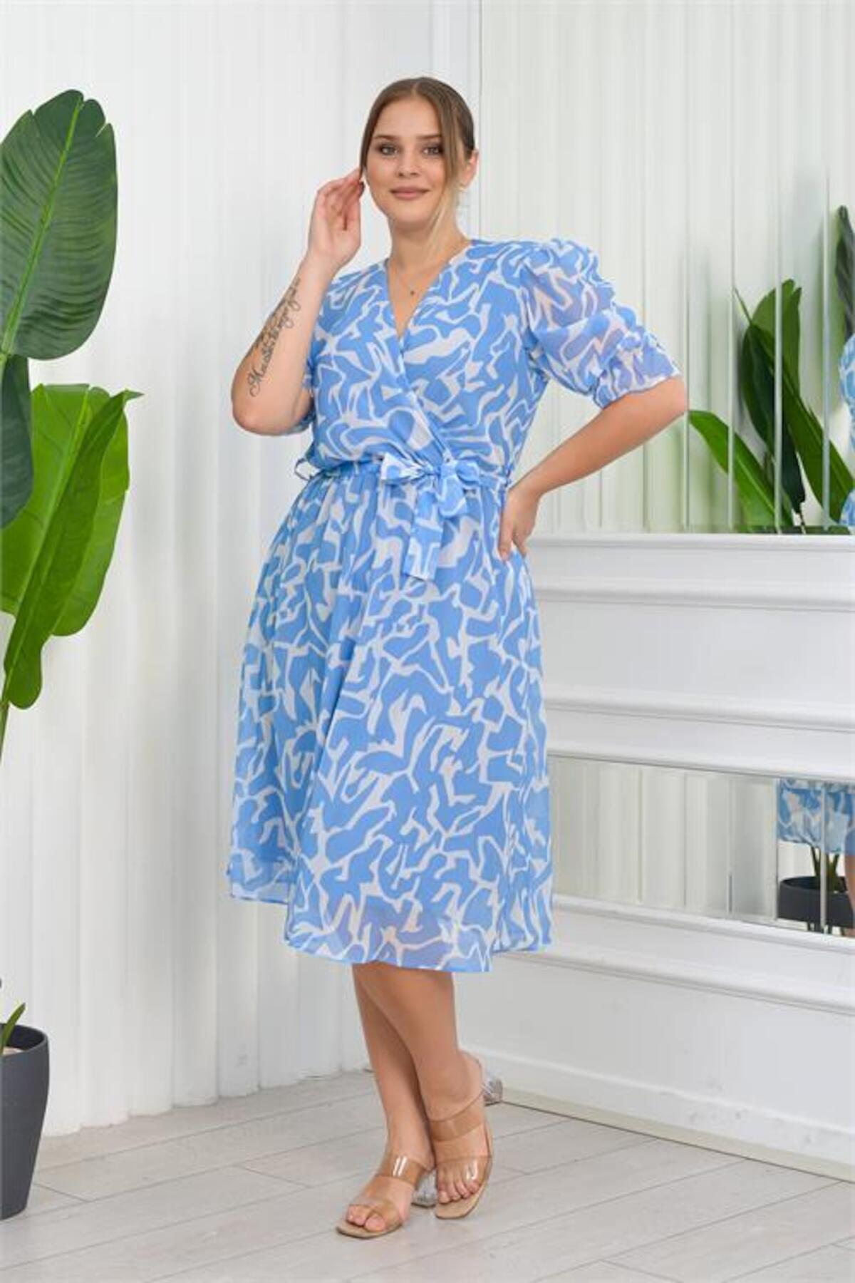 Kadın Büyük Beden Desenli Şifon Elbise Nb8063 Mavi | Patırtı