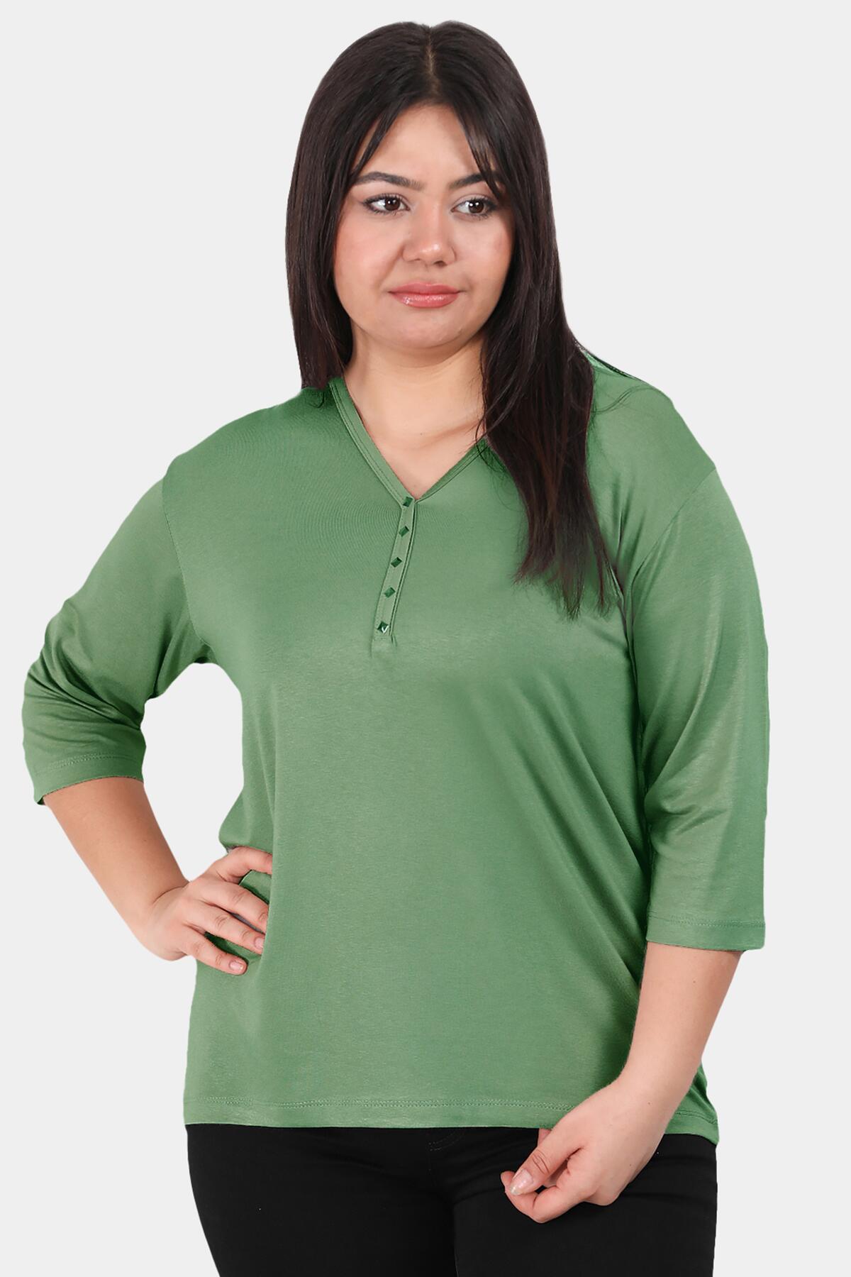 Büyük Beden V Yaka Bluz Yeşil | Patırtı
