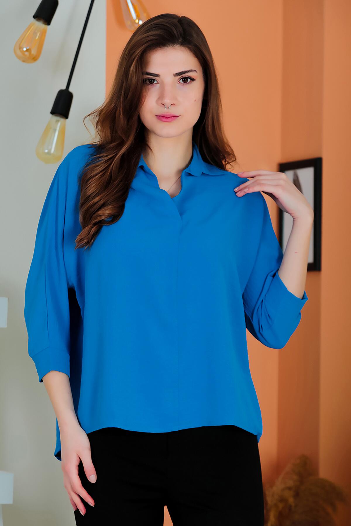 Kadın Gömlek Yaka Bluz Saks | Patırtı