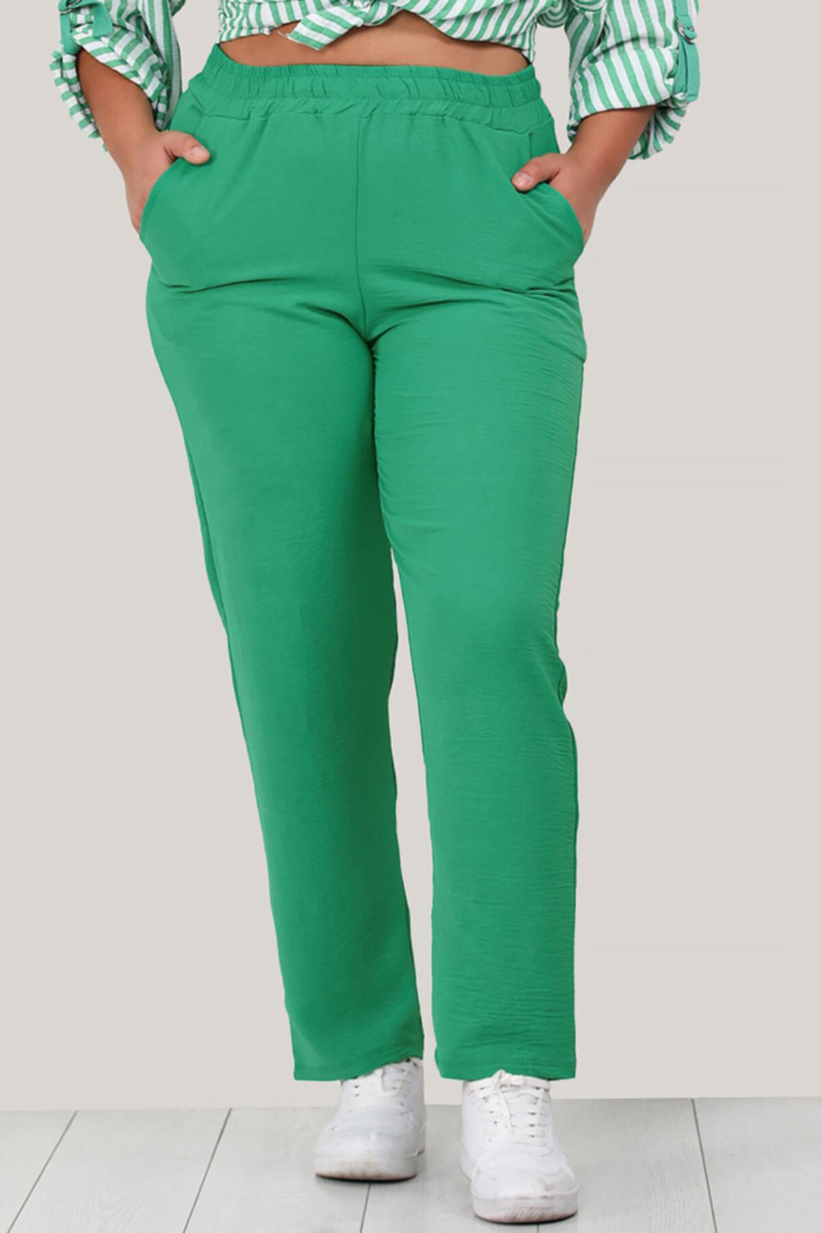 Büyük Beden Bel Lastikli Pantolon Yeşil | Patırtı