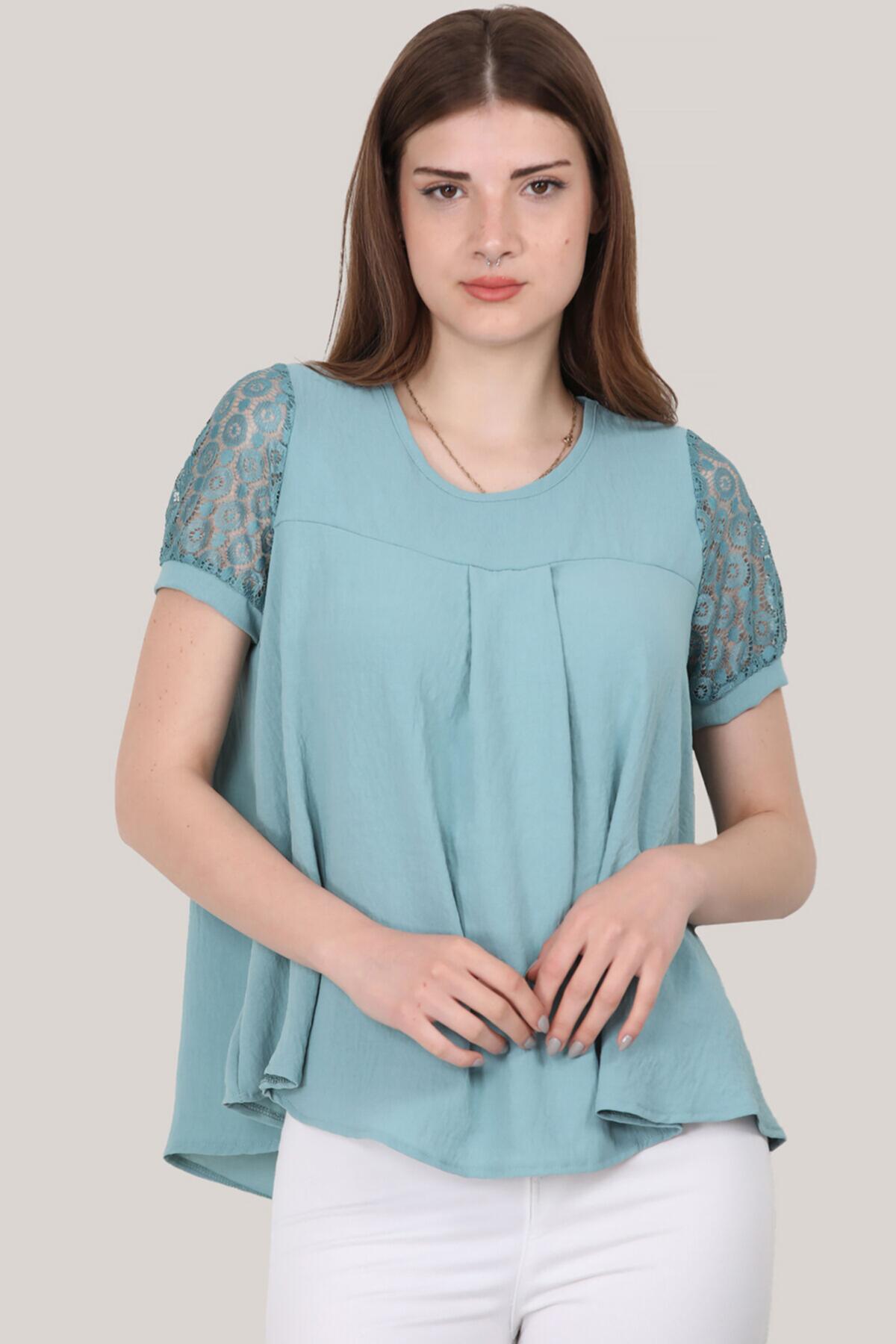 Kadın Kısa Kol Dantelli Bluz Yeşil | Patırtı