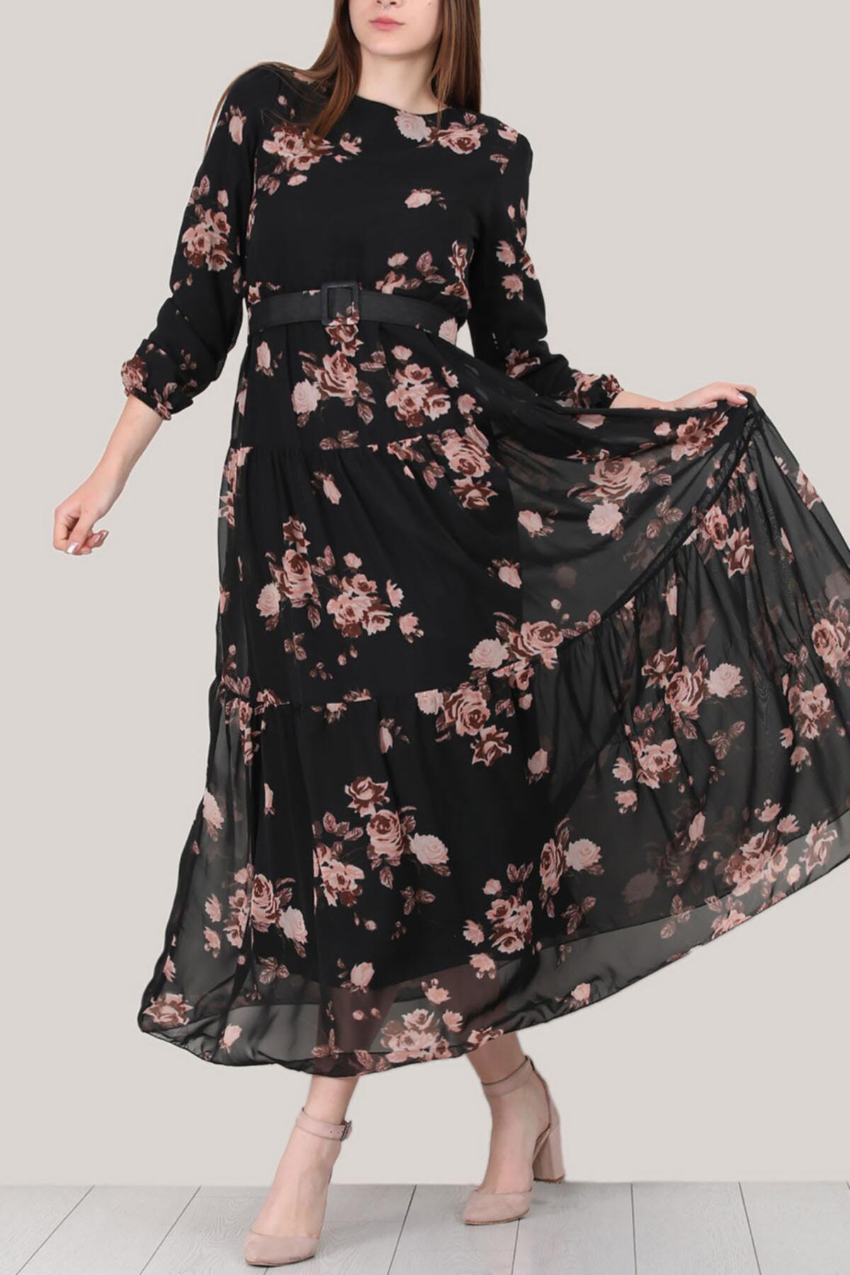 Kadın Şifon Uzun Elbise Siyah Çok Renkli | Patırtı