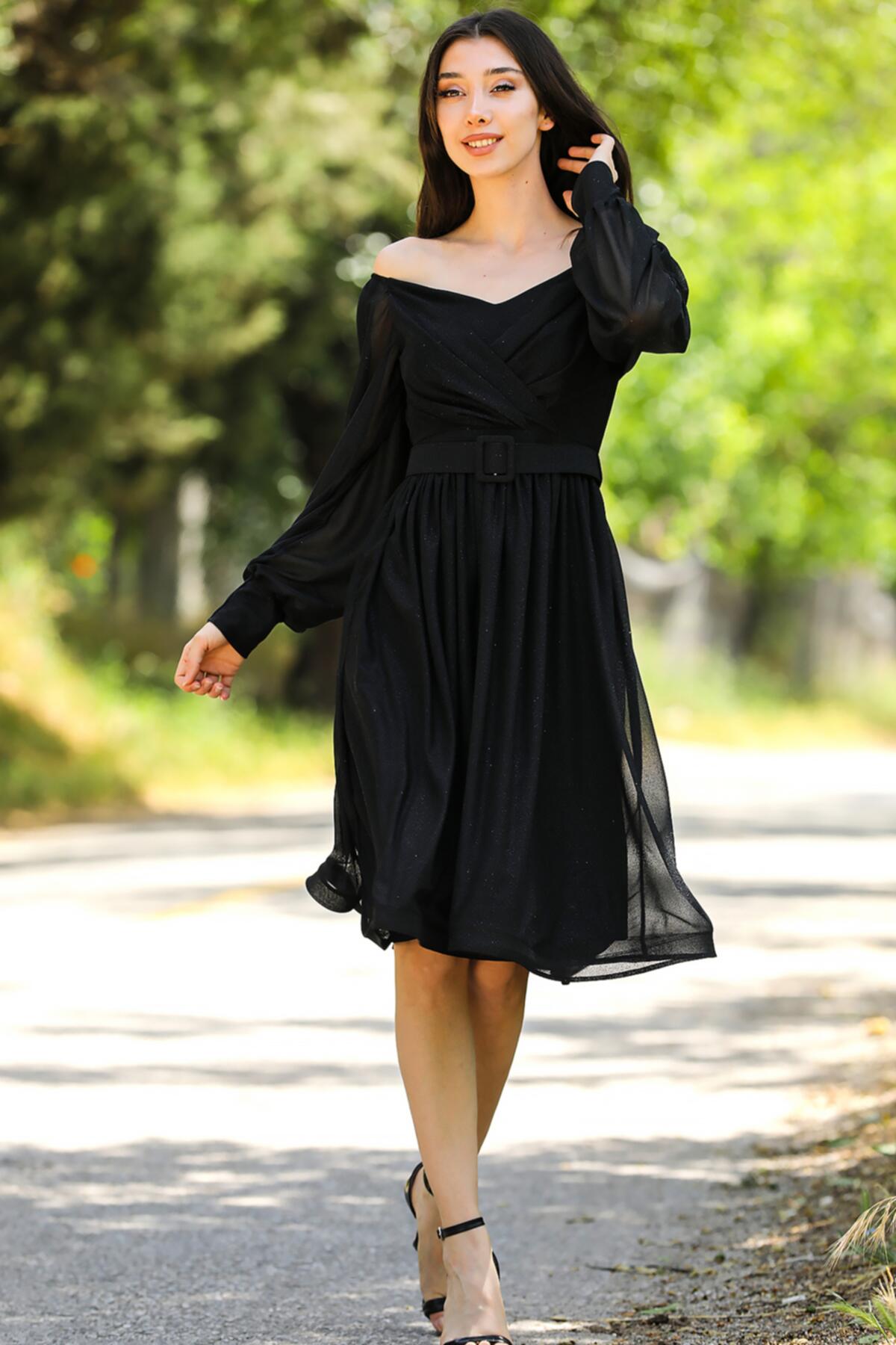 Simli Kadın Kısa Abiye Elbise Siyah | Patırtı