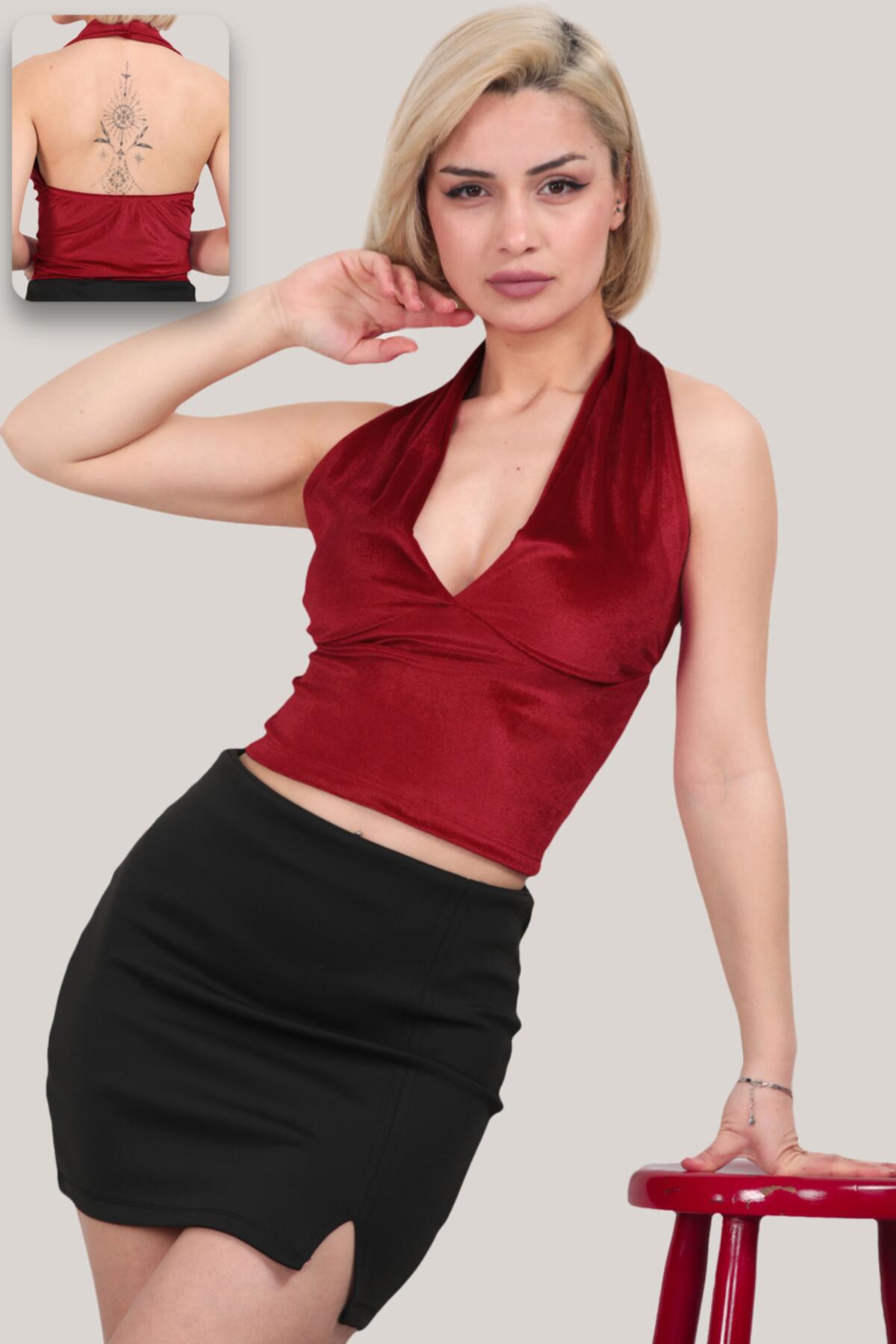 Kadın Kadife Kısa Bluz Kırmızı | Patırtı