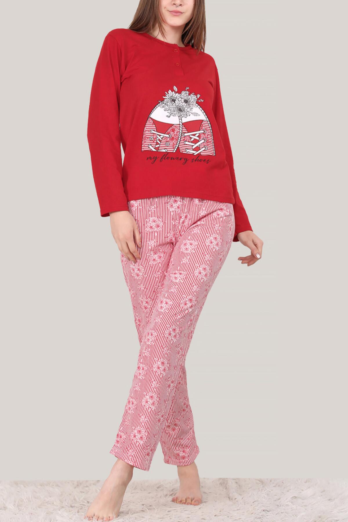 Kadın Uzun Kollu Pijama Takımı Kırmızı | Patırtı