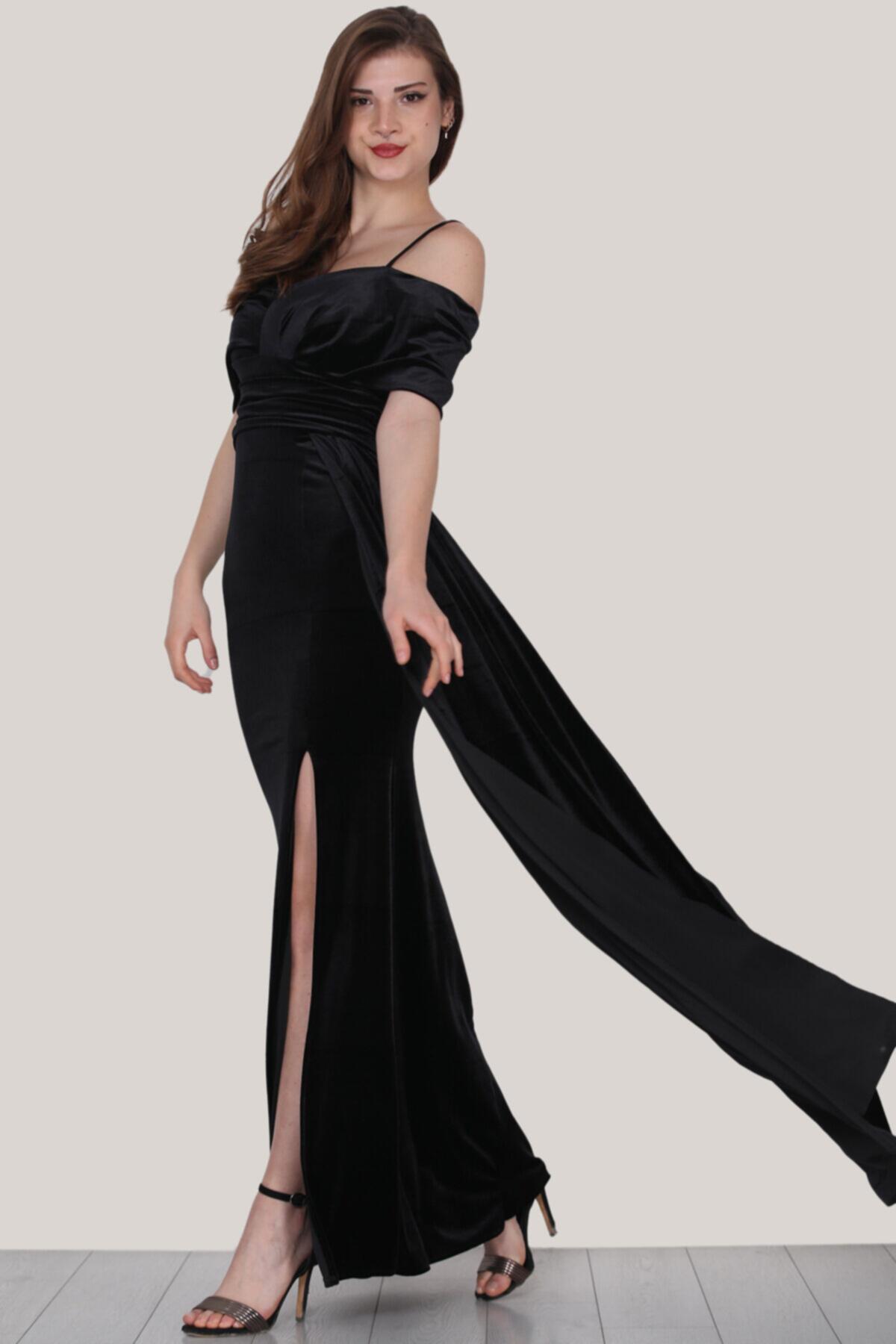 Kadın Kadife Uzun Abiye Elbise Siyah | Patırtı