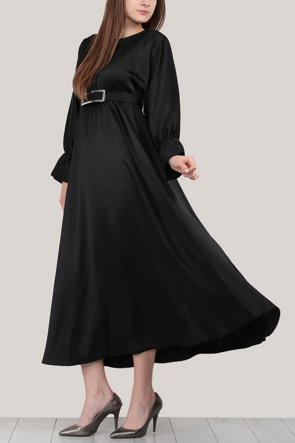 Kadın Saten Uzun Elbise Siyah | Patırtı