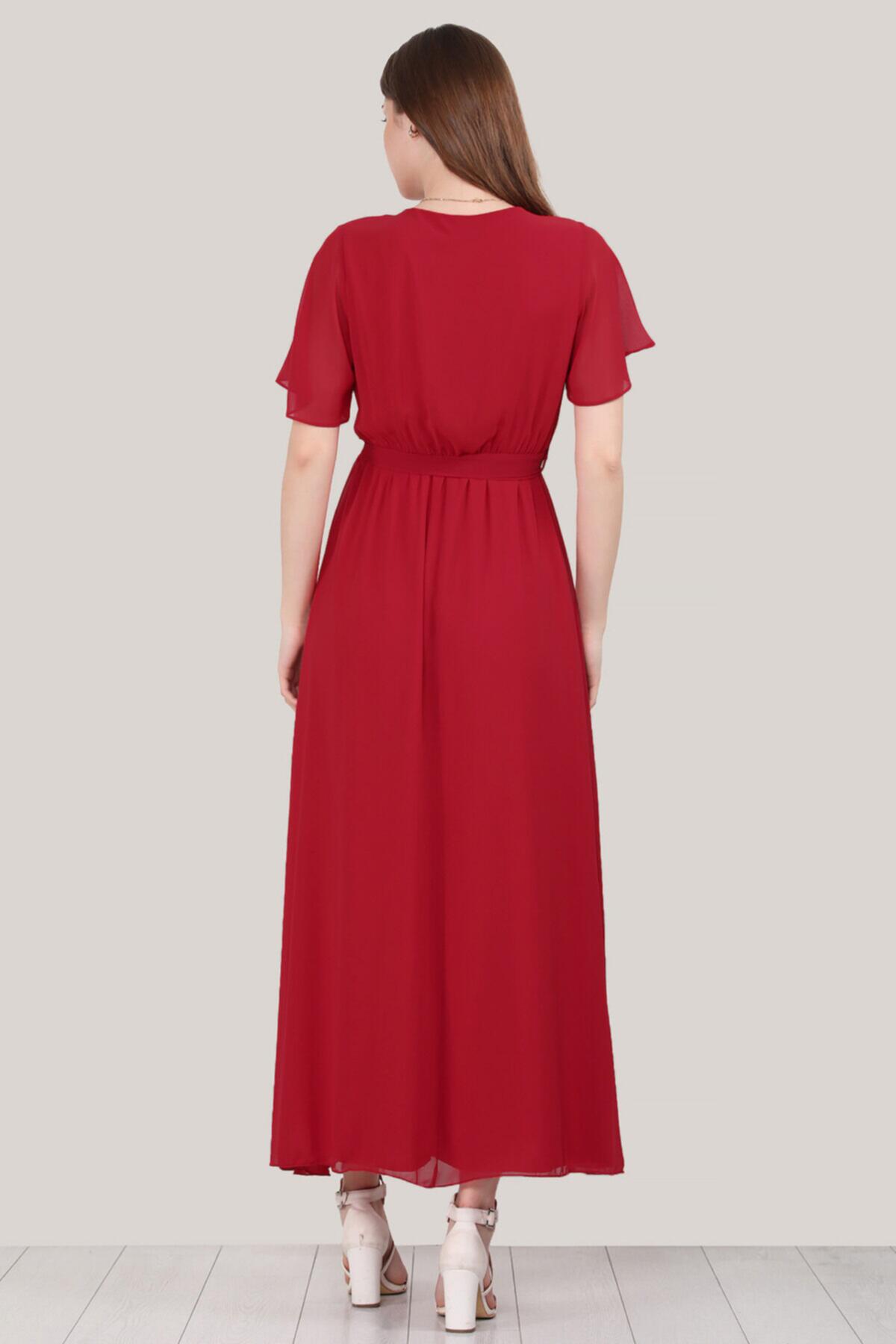 Kadın Kruvaze Yaka Şifon Elbise Kırmızı | Patırtı