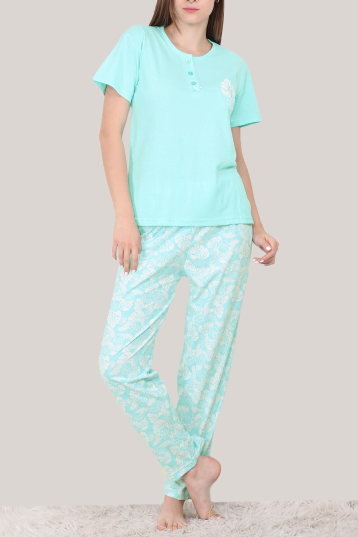 Kadın Kısa Kollu Pijama Takımı Su Yeşili | Patırtı